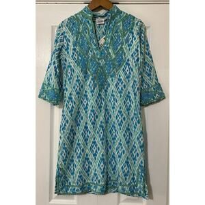 NWT Gretchen Scott Dress Ladies XS 100% Cotton Embroidered Ikat Dori Aqua *READ*